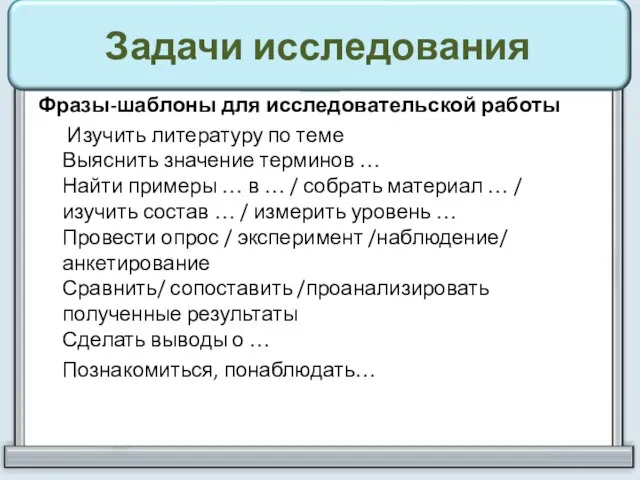 Задачи исследования Фразы-шаблоны для исследовательской работы Изучить литературу по теме Выяснить