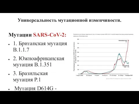 Универсальность мутационной изменчивости. Мутации SARS-CoV-2: 1. Британская мутация B.1.1.7 2. Южноафриканская