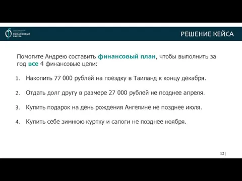 РЕШЕНИЕ КЕЙСА Помогите Андрею составить финансовый план, чтобы выполнить за год