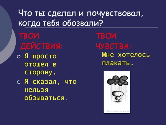 ТВОИ ЧУВСТВА: Мне хотелось плакать. ТВОИ ДЕЙСТВИЯ: Я просто отошел в