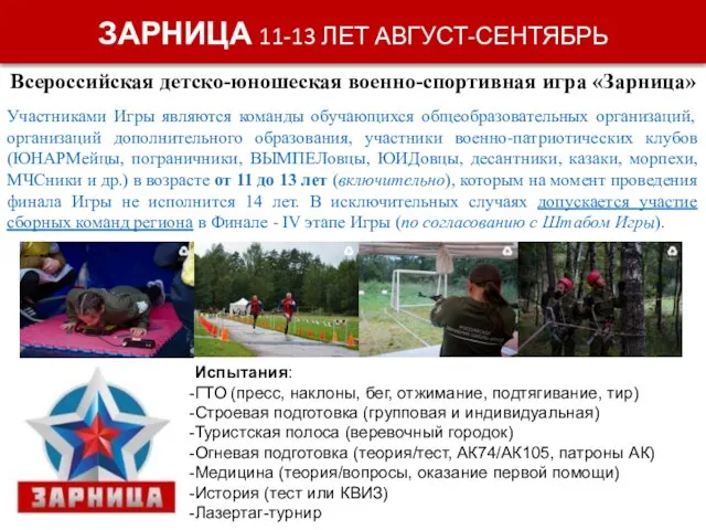 ЗАРНИЦА 11-13 ЛЕТ АВГУСТ-СЕНТЯБРЬ Всероссийская детско-юношеская военно-спортивная игра «Зарница» Участниками Игры