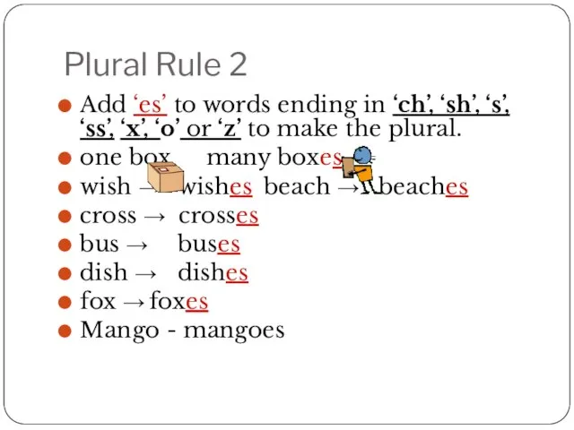 Plural Rule 2 Add ‘es’ to words ending in ‘ch’, ‘sh’,