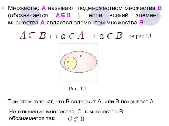 Множество А называют подмножеством множества В (обозначается А⊆В ), если всякий