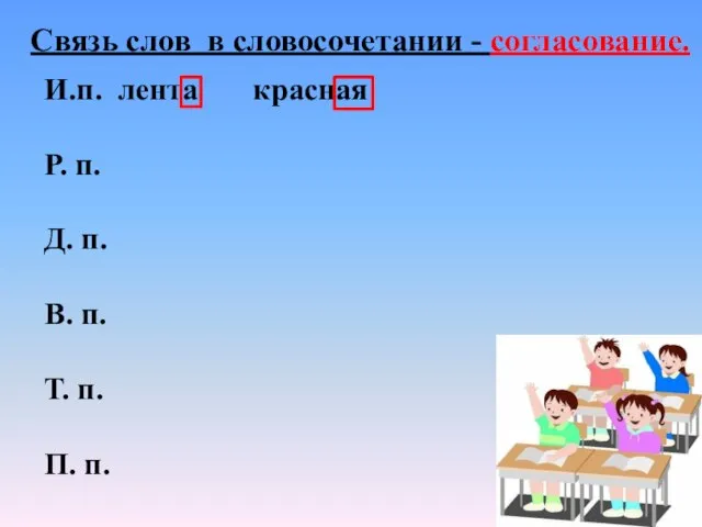 Связь слов в словосочетании - согласование. И.п. лента красная Р. п.