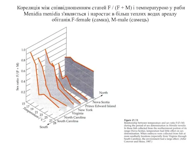 Кореляція між співвідношенням статей F / (F + M) і температурою