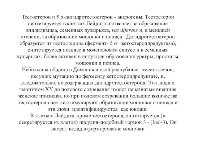 Тестостерон и 5 α-дигидротестостерон - андрогены. Тестостерон синтезируется в клетках Лейдига