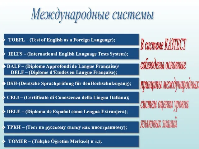 Международные системы В системе КАЗТЕСТ соблюдены основные принципы международных систем оценки уровня языковых знаний