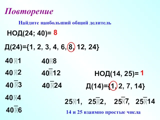 Повторение Найдите наибольший общий делитель НОД(24; 40)= НОД(14, 25)= Д(24)={1, 2,