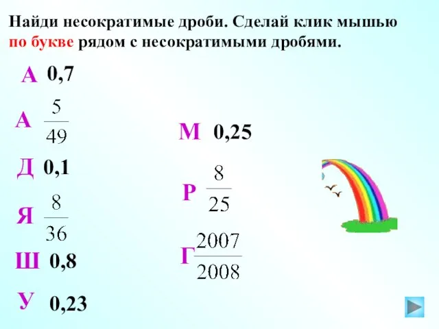 Найди несократимые дроби. Сделай клик мышью по букве рядом с несократимыми