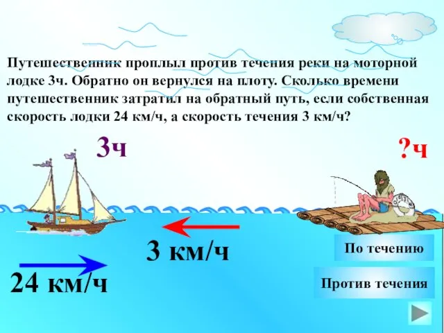 Путешественник проплыл против течения реки на моторной лодке 3ч. Обратно он