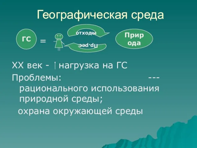 Географическая среда = ХХ век - нагрузка на ГС Проблемы: ---рационального