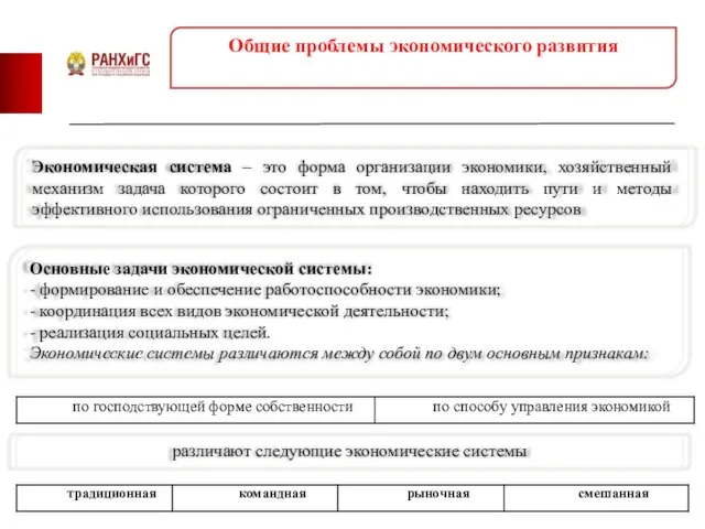 Общие проблемы экономического развития Экономическая система – это форма организации экономики,