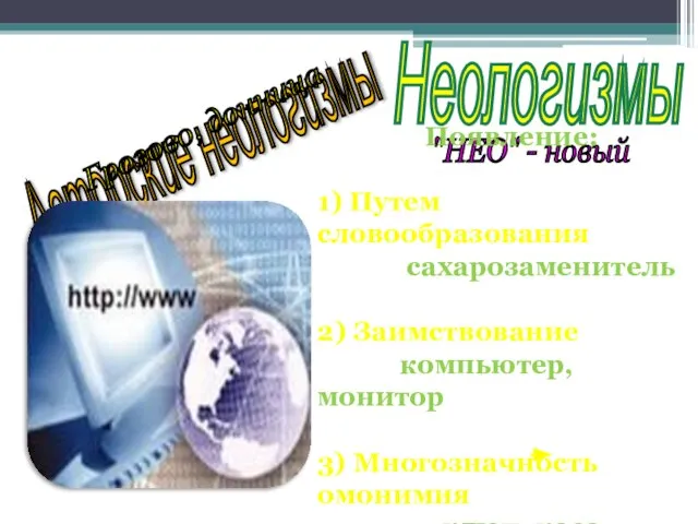 Неологизмы "НЕО" - новый Появление: 1) Путем словообразования сахарозаменитель 2) Заимствование