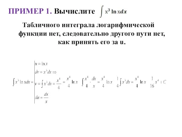 Табличного интеграла логарифмической функции нет, следовательно другого пути нет, как принять