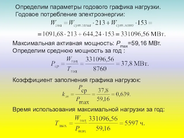 Определим параметры годового графика нагрузки. Годовое потребление электроэнергии: Максимальная активная мощность: