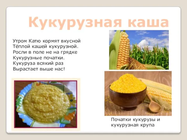 Кукурузная каша Утром Катю кормят вкусной Тёплой кашей кукурузной. Росли в