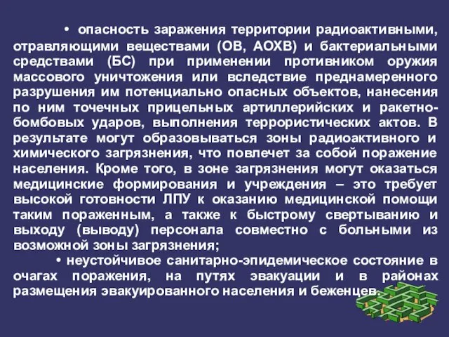 • опасность заражения территории радиоактивными, отравляющими веществами (ОВ, АОХВ) и бактериальными