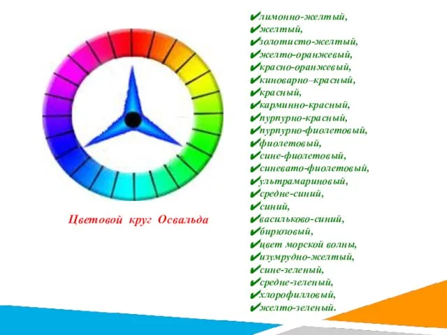 лимонно-желтый, желтый, золотисто-желтый, желто-оранжевый, красно-оранжевый, киноварно–красный, красный, карминно-красный, пурпурно-красный, пурпурно-фиолетовый, фиолетовый,