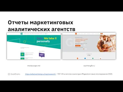 Отчеты маркетинговых аналитических агентств https://alladvertising.ru/top/research/ - ТОП 20 агентств в категории Маркетинговые исследования 2021 mediascope.net scanner.gfk.ru