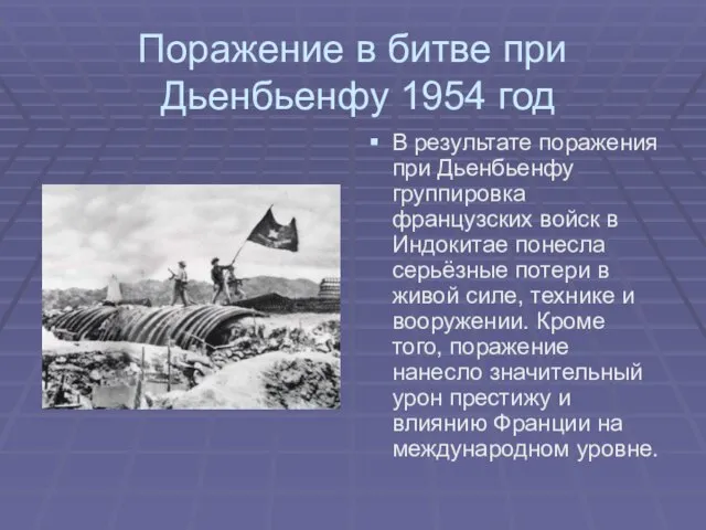 Поражение в битве при Дьенбьенфу 1954 год В результате поражения при