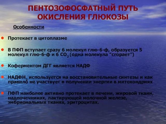 ПЕНТОЗОФОСФАТНЫЙ ПУТЬ ОКИСЛЕНИЯ ГЛЮКОЗЫ Особенности Протекает в цитоплазме В ПФП вступает