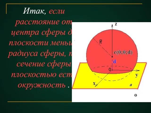 Итак, если расстояние от центра сферы до плоскости меньше радиуса сферы,