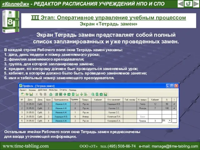 «Колледж» - РЕДАКТОР РАСПИСАНИЯ УЧРЕЖДЕНИЙ НПО И СПО III Этап: Оперативное