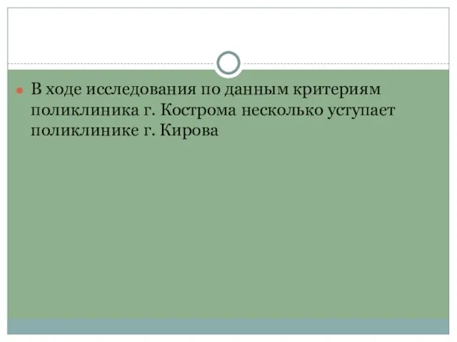 В ходе исследования по данным критериям поликлиника г. Кострома несколько уступает поликлинике г. Кирова