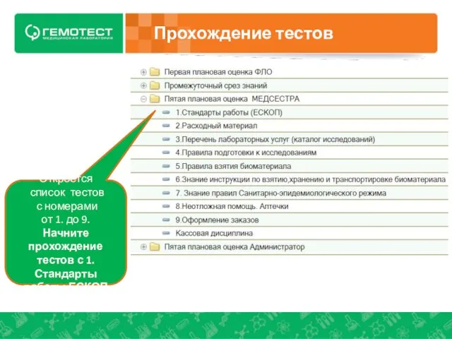 Прохождение тестов Откроется список тестов с номерами от 1. до 9.