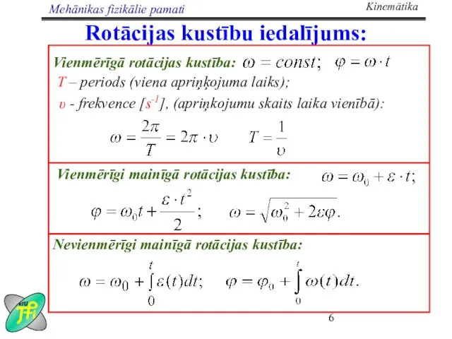 Rotācijas kustību iedalījums: Vienmērīgā rotācijas kustība: T – periods (viena apriņķojuma