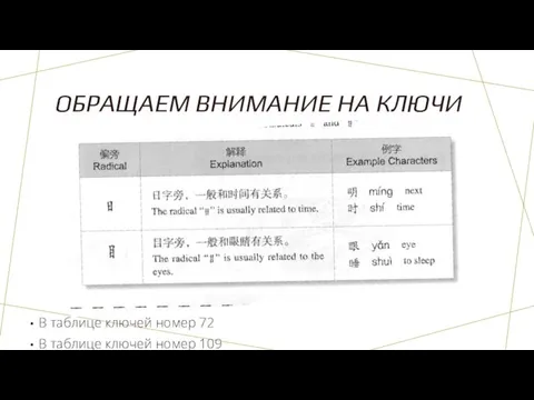 ОБРАЩАЕМ ВНИМАНИЕ НА КЛЮЧИ В таблице ключей номер 72 В таблице ключей номер 109