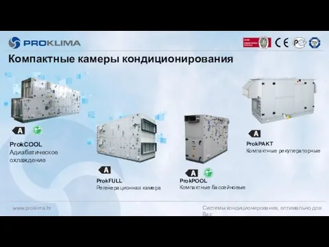 ProkPAKT Компактные рекуператорные ProkPOOL Компактные бассейновые ProkCOOL Адиабатическое охлаждение ProkFULL Регенерационная камера Компактные камеры кондиционирования