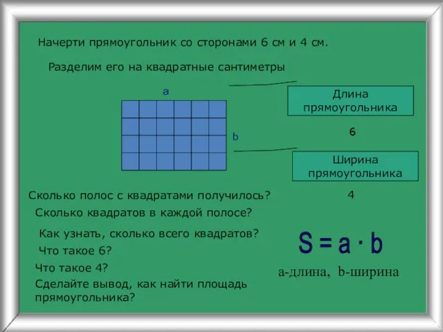 Начерти прямоугольник со сторонами 6 см и 4 см. Разделим его