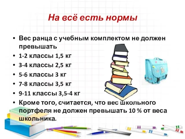 На всё есть нормы Вес ранца с учебным комплектом не должен