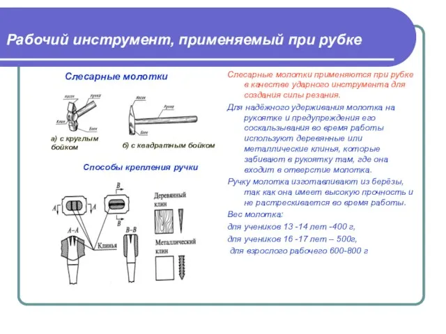 Слесарные молотки применяются при рубке в качестве ударного инструмента для создания