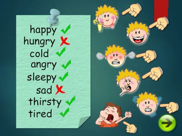 happy cold angry hungry sad thirsty sleepy tired