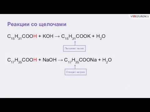 Реакции со щелочами Пальмиат калия C15H31COOH + KOH → C15H31COOK +