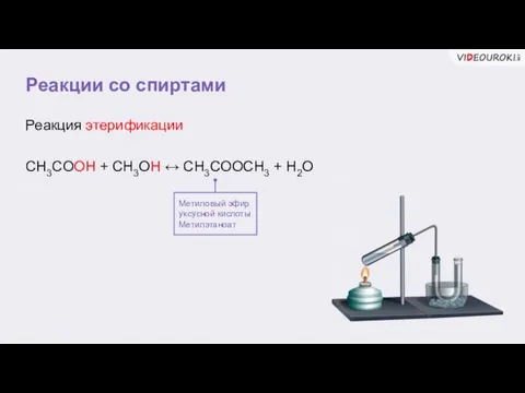 Реакции со спиртами Метиловый эфир уксусной кислоты Метилэтаноат Реакция этерификации CH3COOH