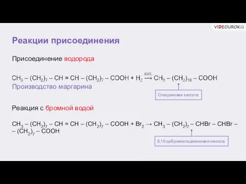 Реакции присоединения Стеариновая кислота Присоединение водорода Реакция с бромной водой 9,10-дибромоктадекановая