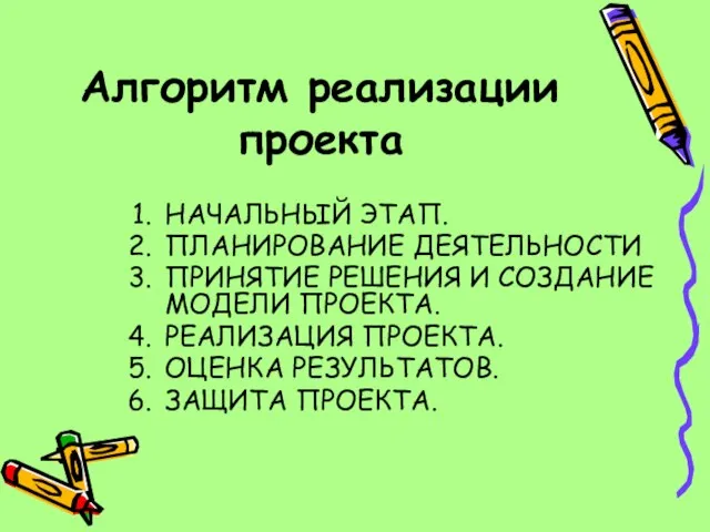 Алгоритм реализации проекта НАЧАЛЬНЫЙ ЭТАП. ПЛАНИРОВАНИЕ ДЕЯТЕЛЬНОСТИ ПРИНЯТИЕ РЕШЕНИЯ И СОЗДАНИЕ