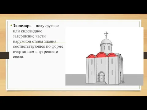 Закомара – полукруглое или килевидное завершение части наружной стены здания, соответствующее по форме очертаниям внутреннего свода.