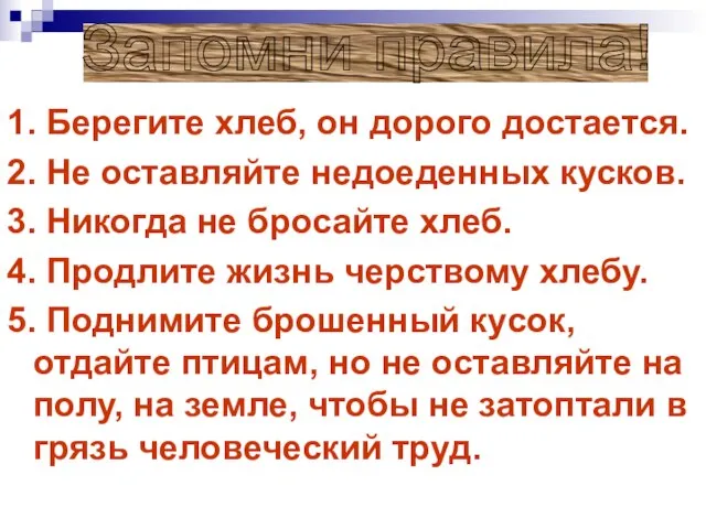 1. Берегите хлеб, он дорого достается. 2. Не оставляйте недоеденных кусков.