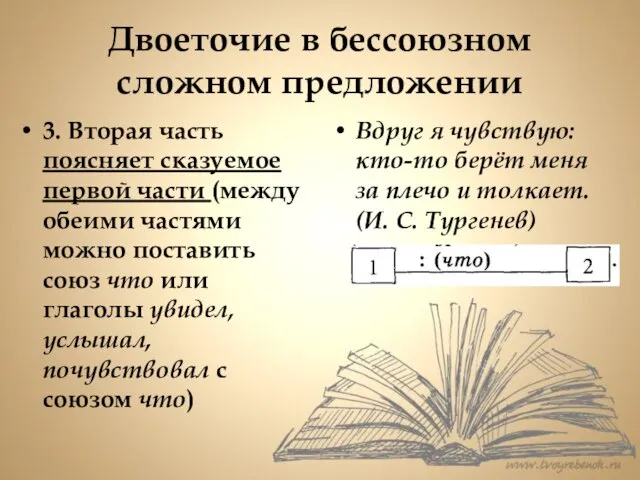 Двоеточие в бессоюзном сложном предложении 3. Вторая часть поясняет сказуемое первой