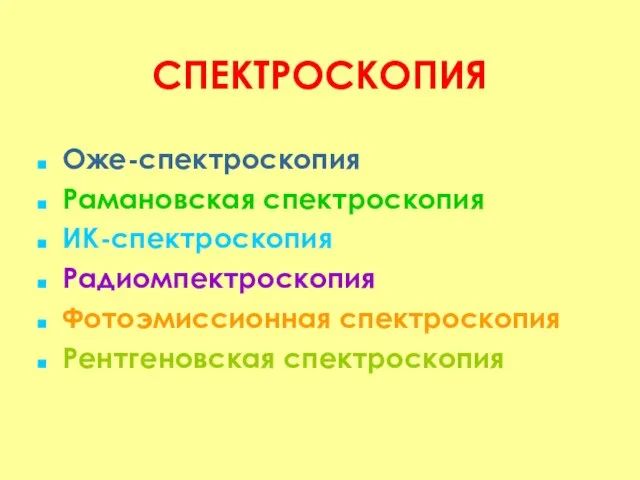 СПЕКТРОСКОПИЯ Оже-спектроскопия Рамановская спектроскопия ИК-спектроскопия Радиомпектроскопия Фотоэмиссионная спектроскопия Рентгеновская спектроскопия