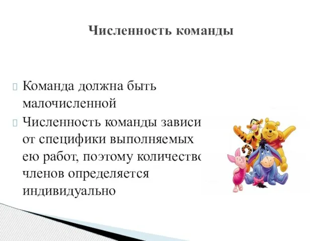 Команда должна быть малочисленной Численность команды зависит от специфики выполняемых ею