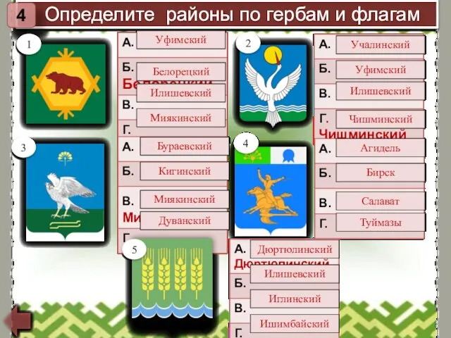 Определите районы по гербам и флагам 4 1 Уфимский Илишевский Миякинский