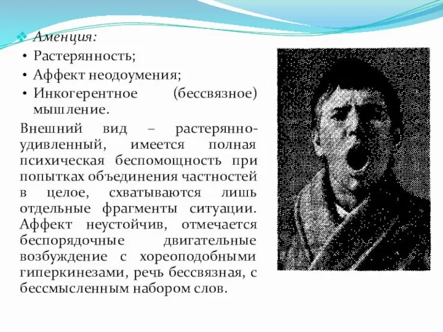 Аменция: Растерянность; Аффект неодоумения; Инкогерентное (бессвязное) мышление. Внешний вид – растерянно-удивленный,