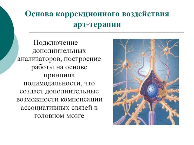 Основа коррекционного воздействия арт-терапии Подключение дополнительных анализаторов, построение работы на основе