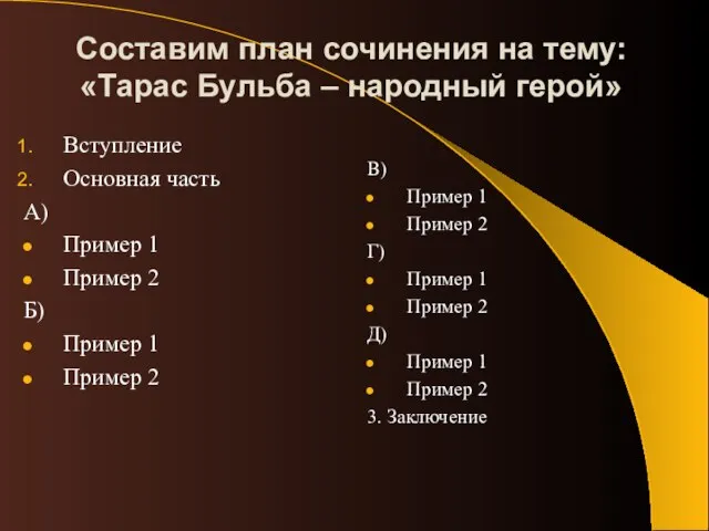 Составим план сочинения на тему: «Тарас Бульба – народный герой» Вступление