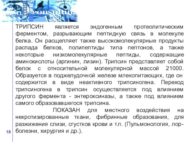 ТРИПСИН является эндогенным протеолитическим ферментом, разрывающим пептидную связь в молекуле белка.